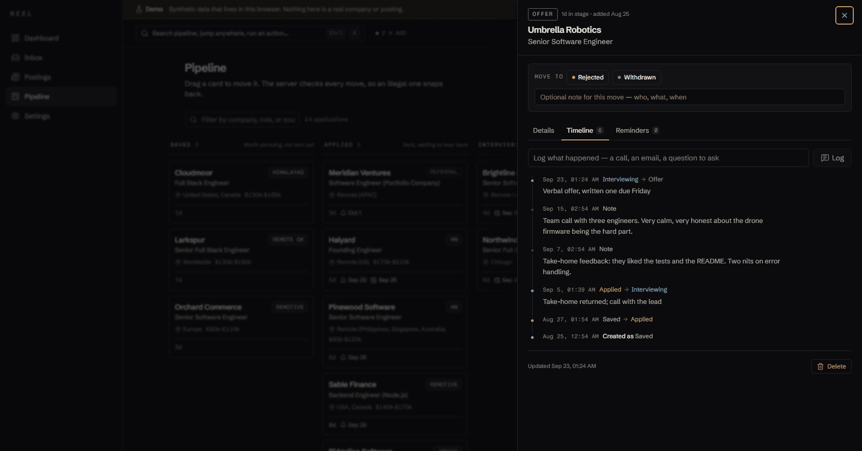 An application record for Umbrella Robotics open over the pipeline, stamped OFFER, on its Timeline tab: six dated entries from 'Created as Saved' through 'Applied → Interviewing' and two notes to 'Interviewing → Offer, verbal offer, written one due Friday'.